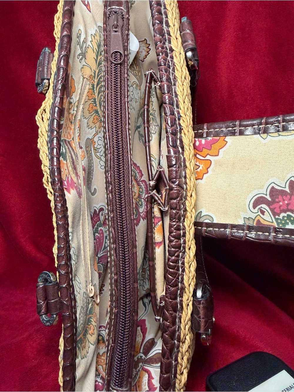 Vintage Boho Beach Woven Straw Tote Croc Trim Paisley Lining Trendy - Picture 8 of 10